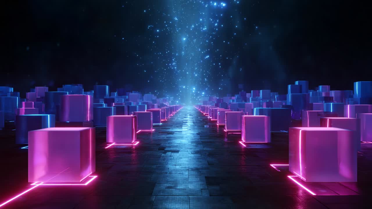 Futuristic Scene with Neon Cubes and Starry Background, Conveying a Sense of Depth and Technology, Set in a Mysterious Dark Environment with Glowing Elements and a Path Leading Forward