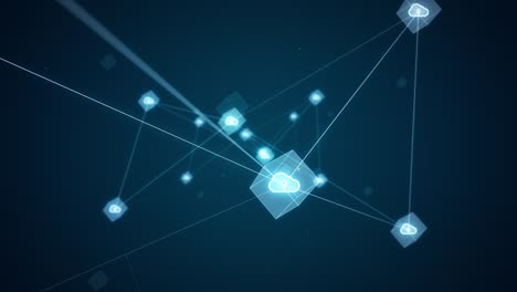 gráfico de movimiento de icono de computación en nube azul y cubo futurista con conexión a la red meta verso concepto de fondo abstracto cámara zoom out video de bucle sin costuras