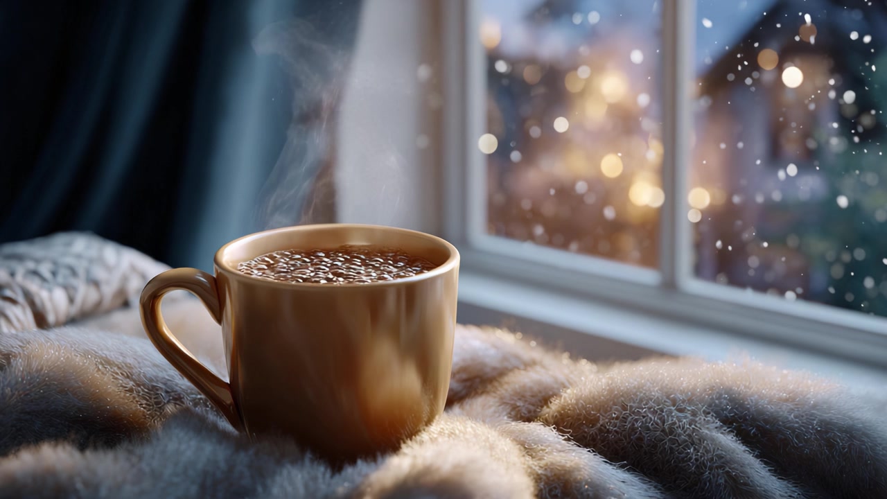 Tazza calda di caffè fumante che riposa su una morbida coperta mentre la neve cade fuori da una finestra accogliente con luci calde che brillano dolcemente sullo sfondo, creando un'atmosfera confortante.