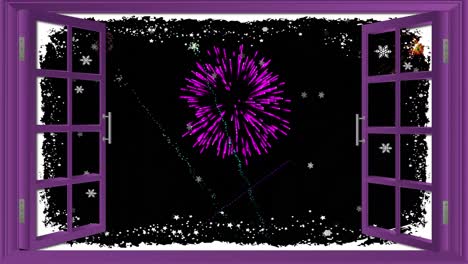 animación de ventana abierta con estrellas y coloridos fuegos artificiales de navidad y año nuevo en el cielo nocturno
