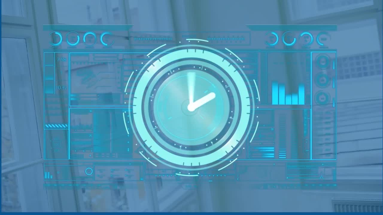 Animation of digital clock, graph, loading bars, circles against window and staircase in background
