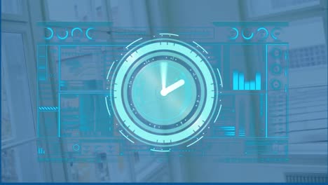 animation of digital clock, graph, loading bars, circles against window and staircase in background