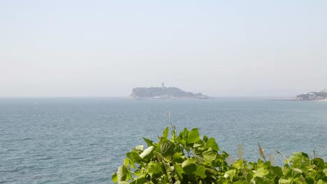 view of enoshima, japan, with green leaves in the foreground swaying in the breeze on a sunny but hazy day