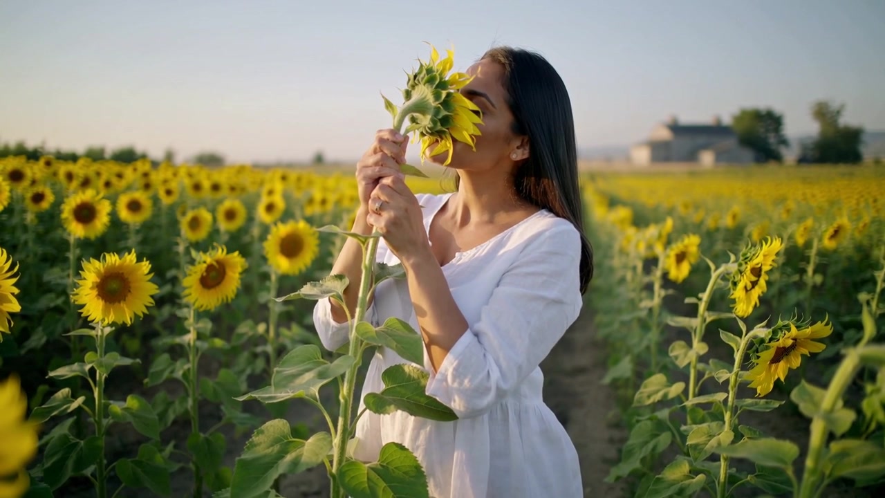 Donna in abito bianco, illuminata dal sole, che solleva uno stelo di girasole e ne annusa il fiore, in un campo, vicino a una fattoria.
