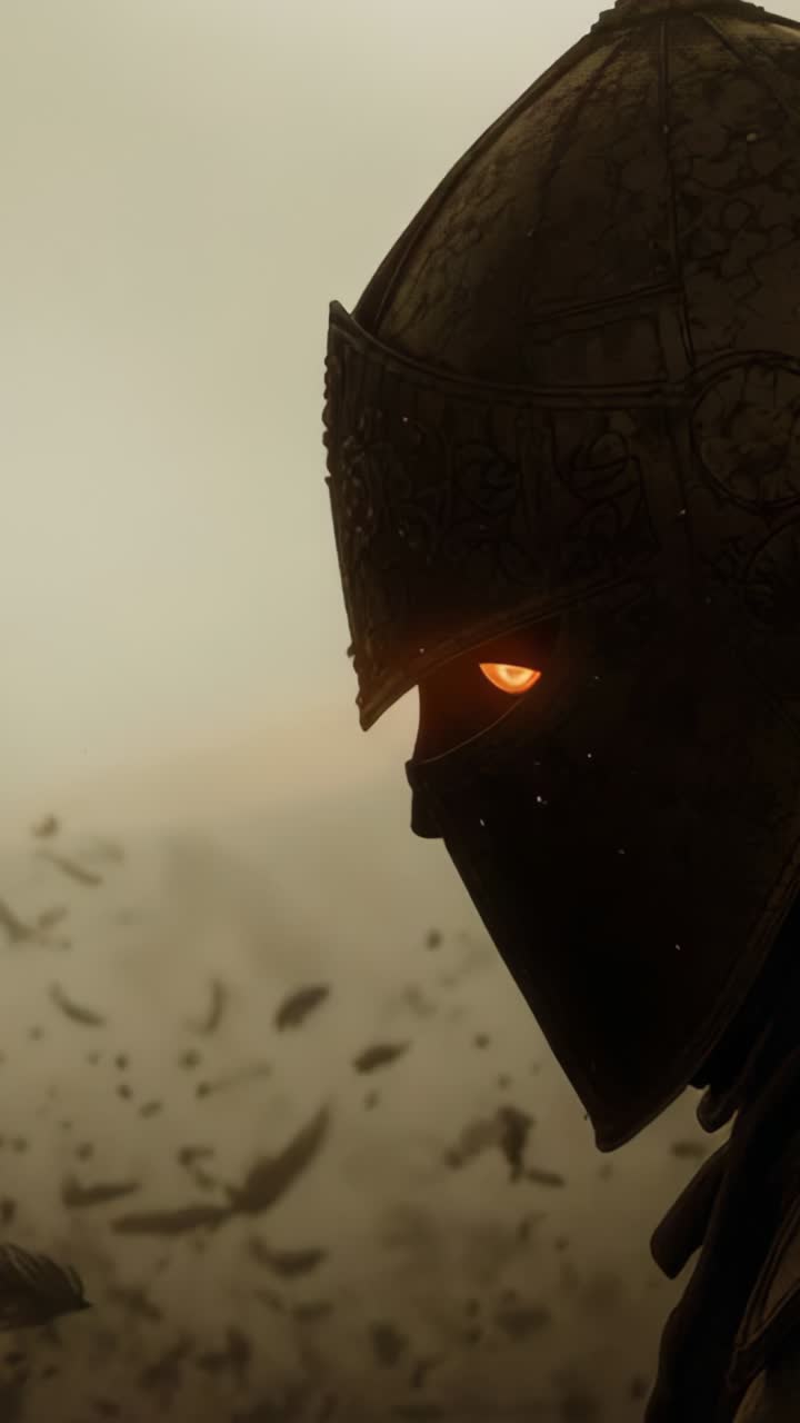 Vertical video: Leaves drifting causing knight under helmet flickering eye in mist, copy space