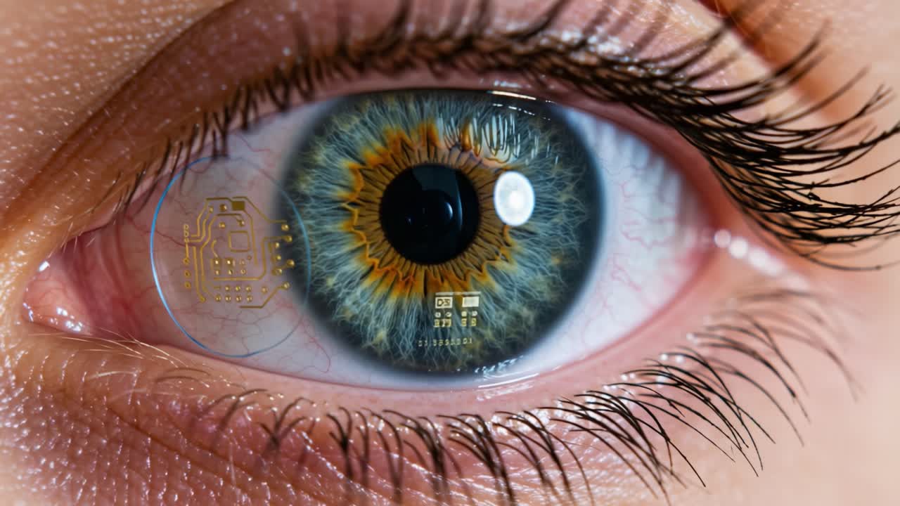 A Close-Up View of an Artistic Eye Featuring Complex Details and a Technological Reflection Highlighting Intricate Patterns and Striking Color Variations