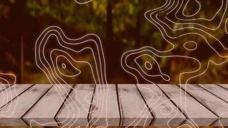 animación digital de la topografía sobre superficie de madera contra el camino forestal en el fondo