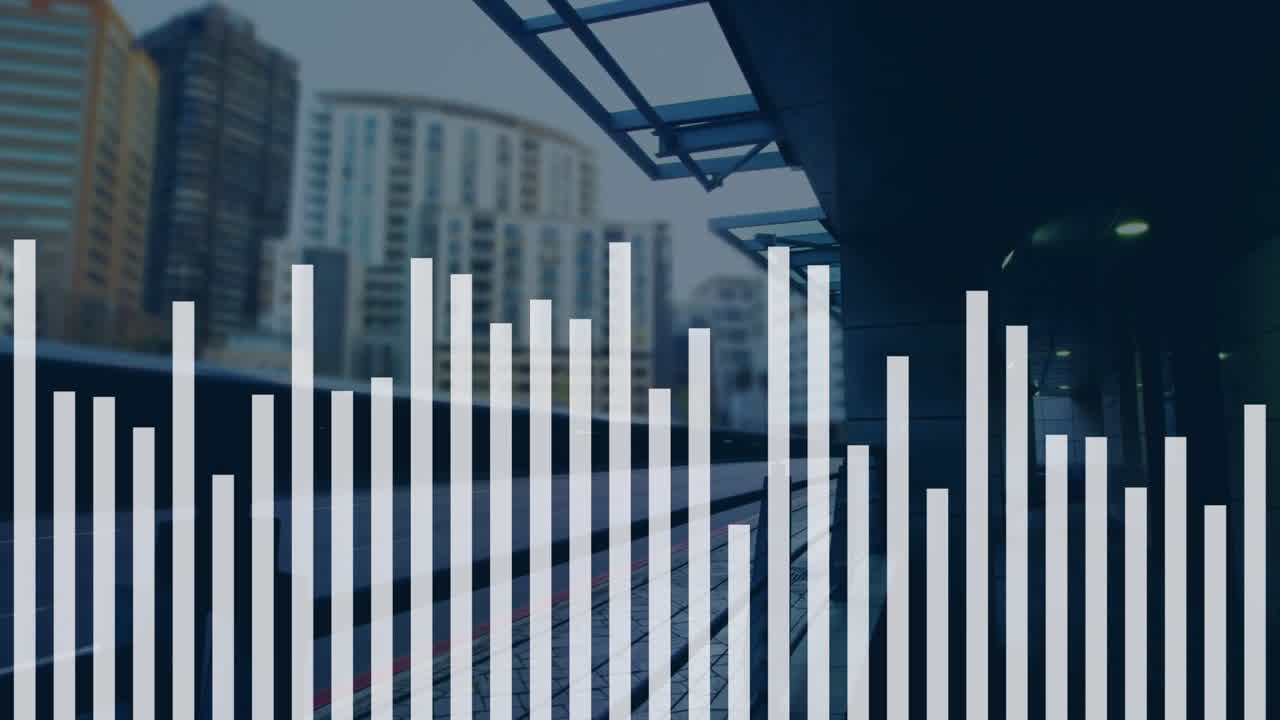 Bar graph animation over urban cityscape with modern buildings and structures