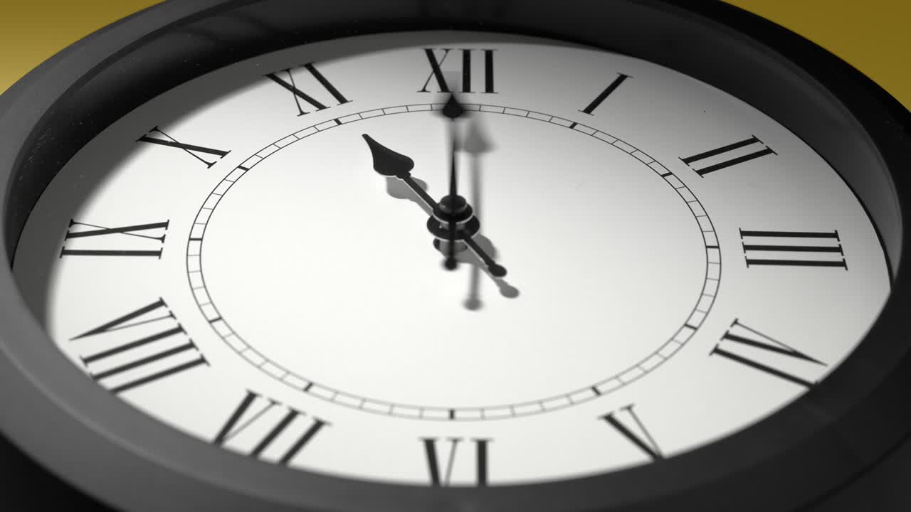 Latin Clock Face on Yellow Wall in Time Lapse