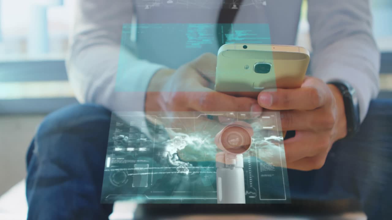 animación de pantallas digitales sobre el hombre usando un teléfono inteligente