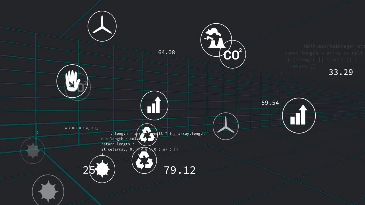 Animation of coding elements and environmental data icons floating over digital grid