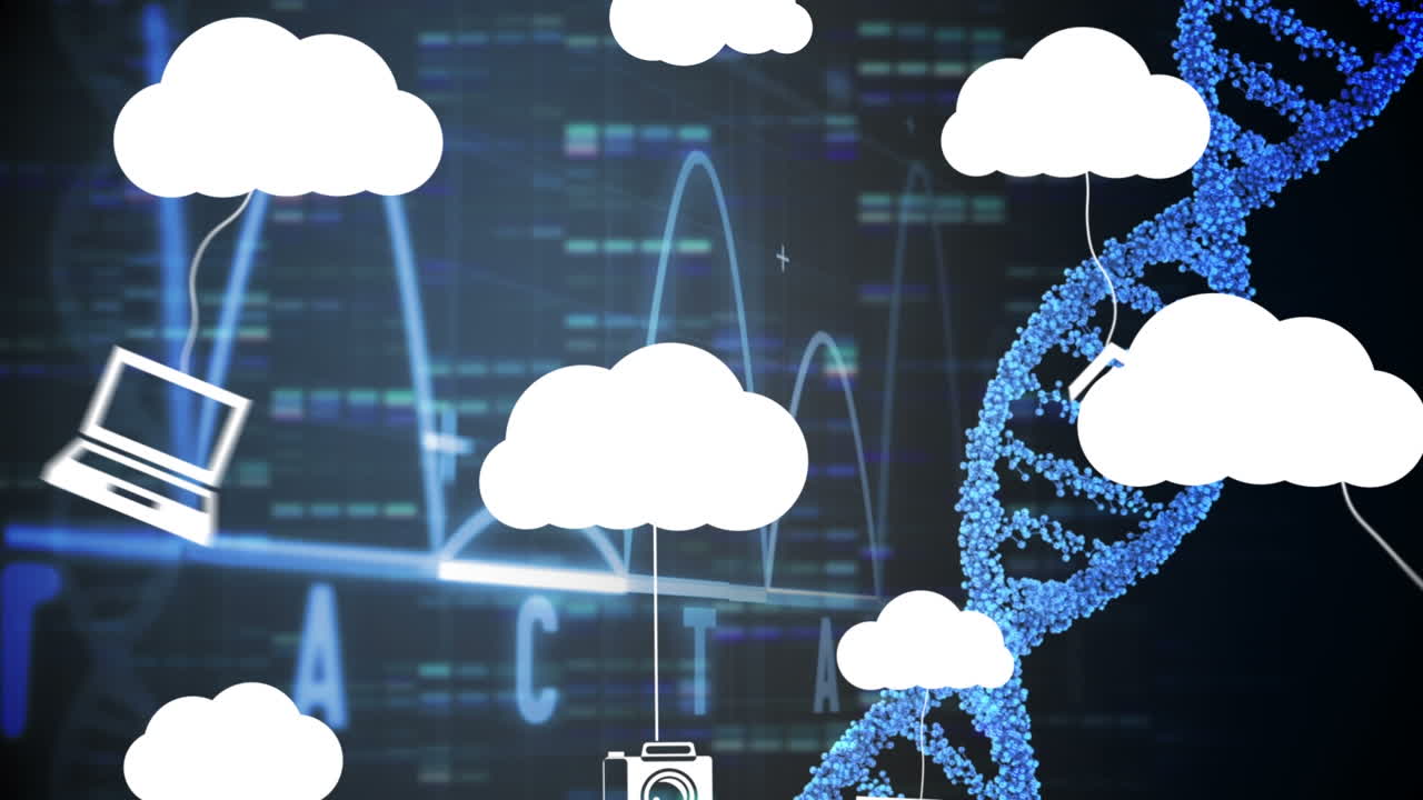 미디어 아이콘과 빛 반점 위의 dna  ⁇ 의 애니메이션