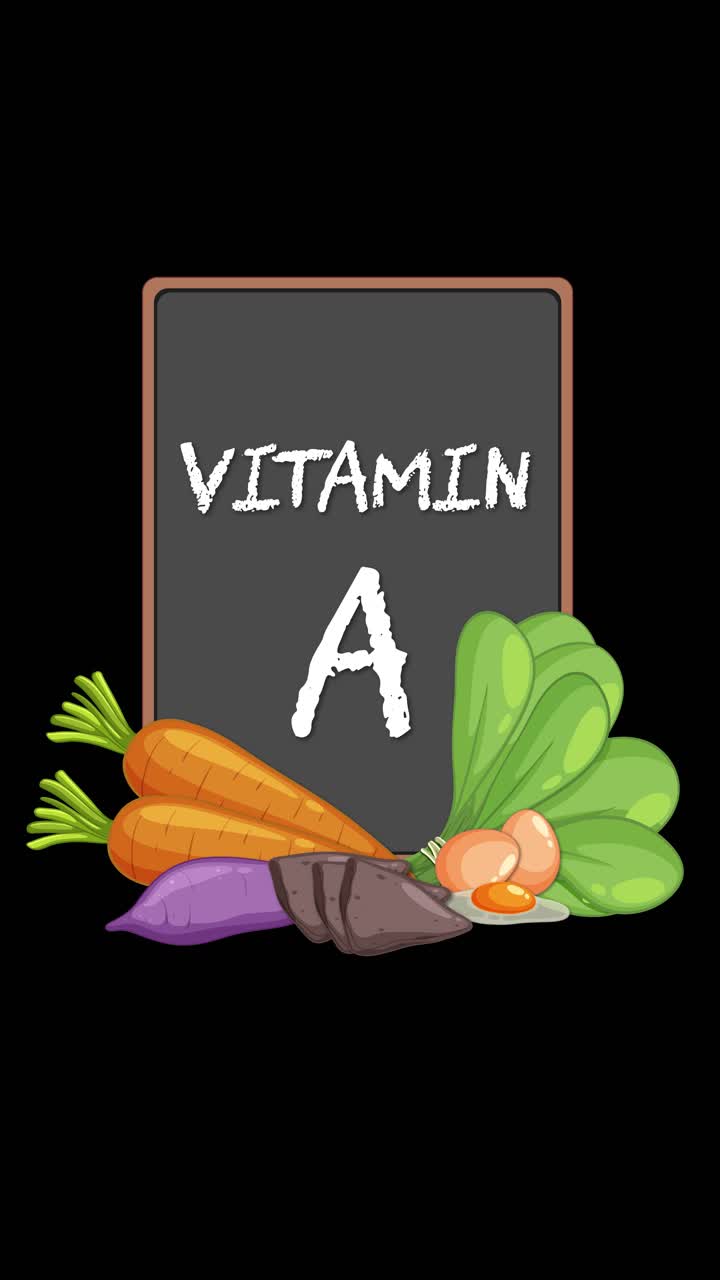 Una lavagna con la scritta "Vitamina A" appare, circondata da verdure animate su uno sfondo nero.