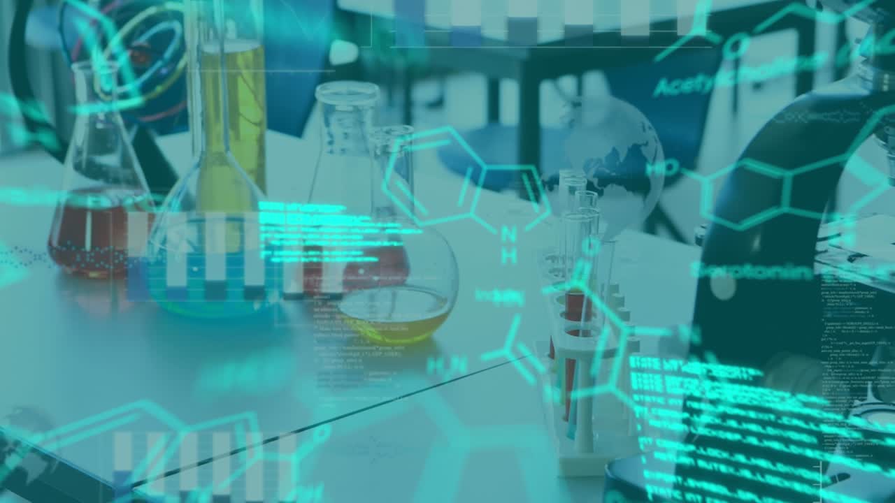 Animation of data processing and chemical formula over lab