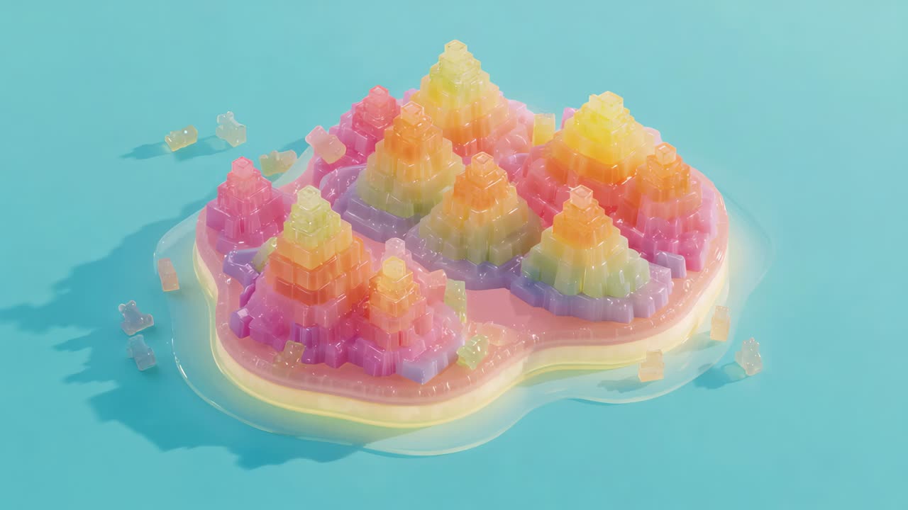 Moving camera revealing pastel crystal island layers on turquoise plane, halo base cubes drifting