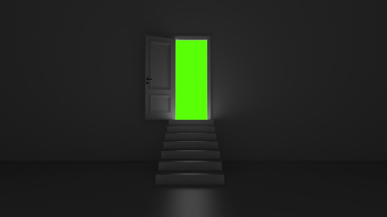 Open door with steps in the corridor on a green background