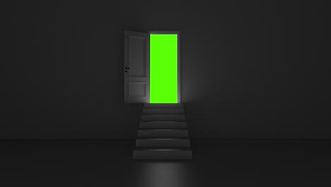 open door with steps in the corridor on a green background