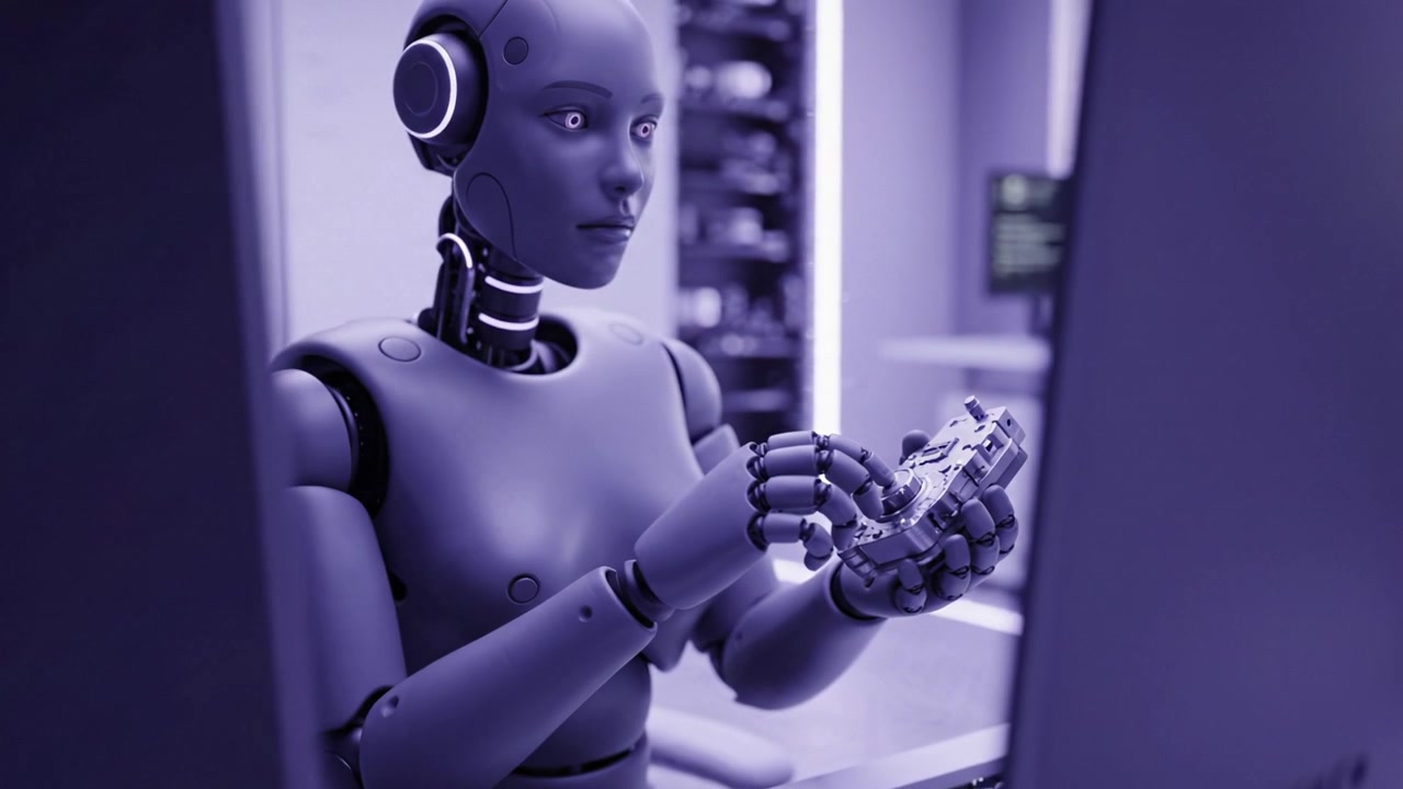 Un robot umanoide futuristico impegnato in compiti complessi presso una postazione di lavoro elegante, mostrando tecnologia avanzata e intelligenza artificiale in un ambiente moderno.