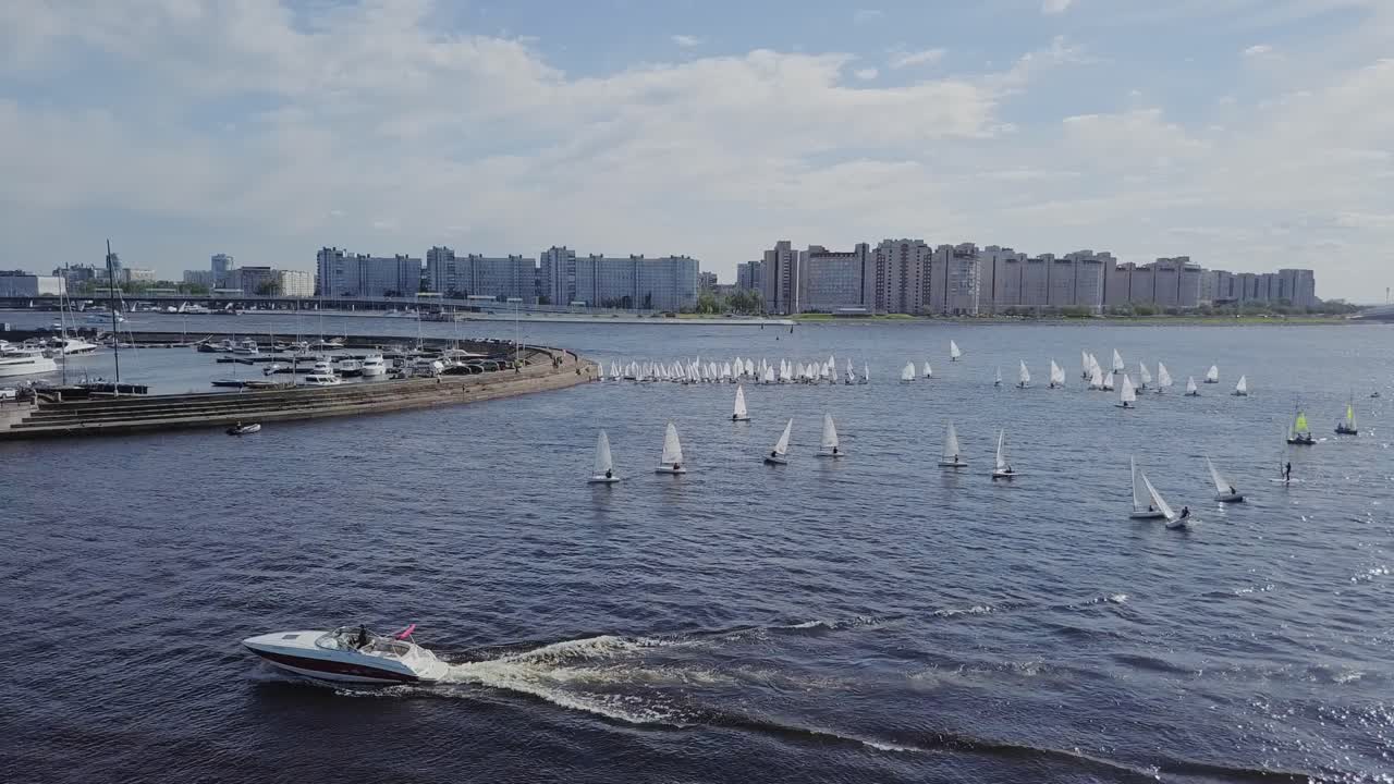다리와 여름 태양 옆 도시 만에서 항해하는 요트, 물에 하얀 잔물결