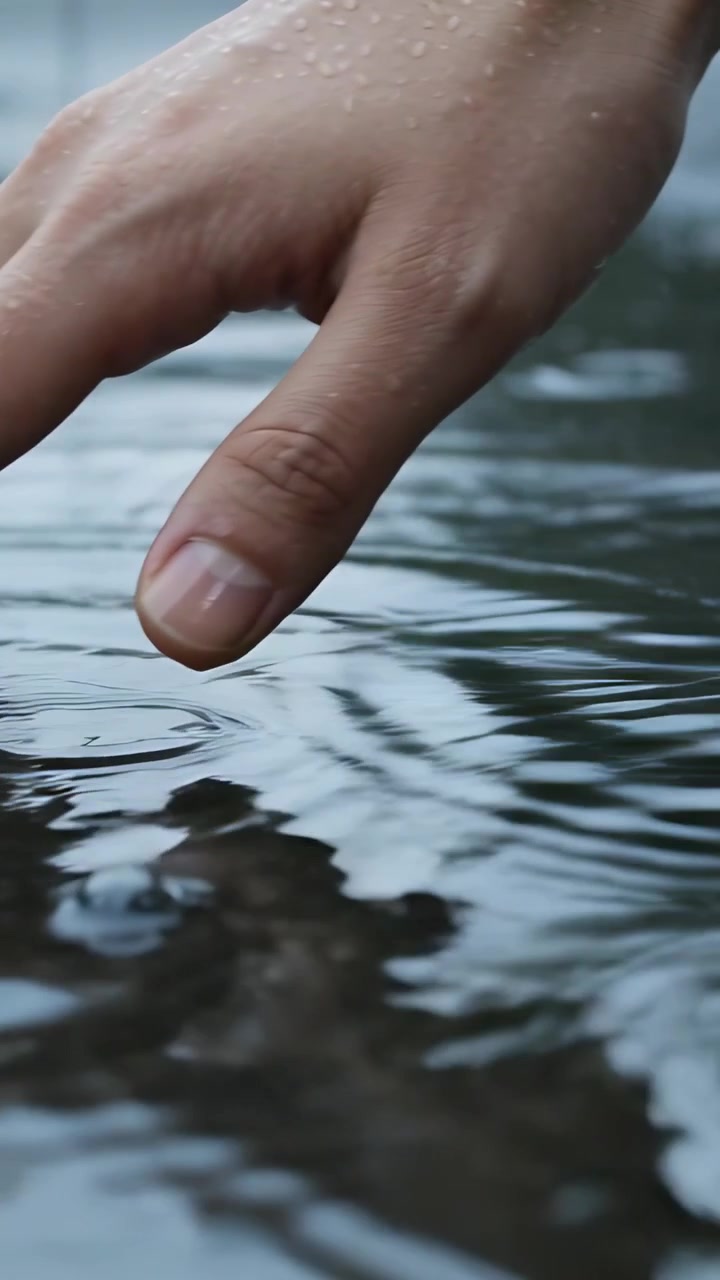 Vertical video: Responding to rain, descending bare right hand creating ripples on outdoor puddle