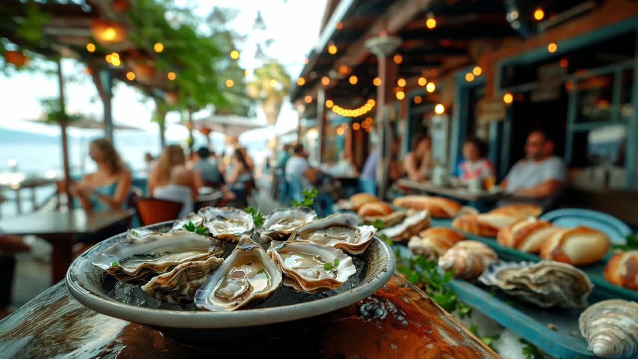 Oysters and bread at a seaside restaurant