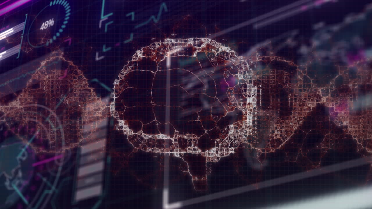 Animation of digital human brain and dna helix rotating against hud interface screens
