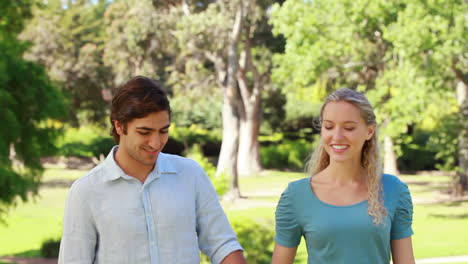 A-smiling-couple-walk-up-to-the-camera-and-then-look-at-it