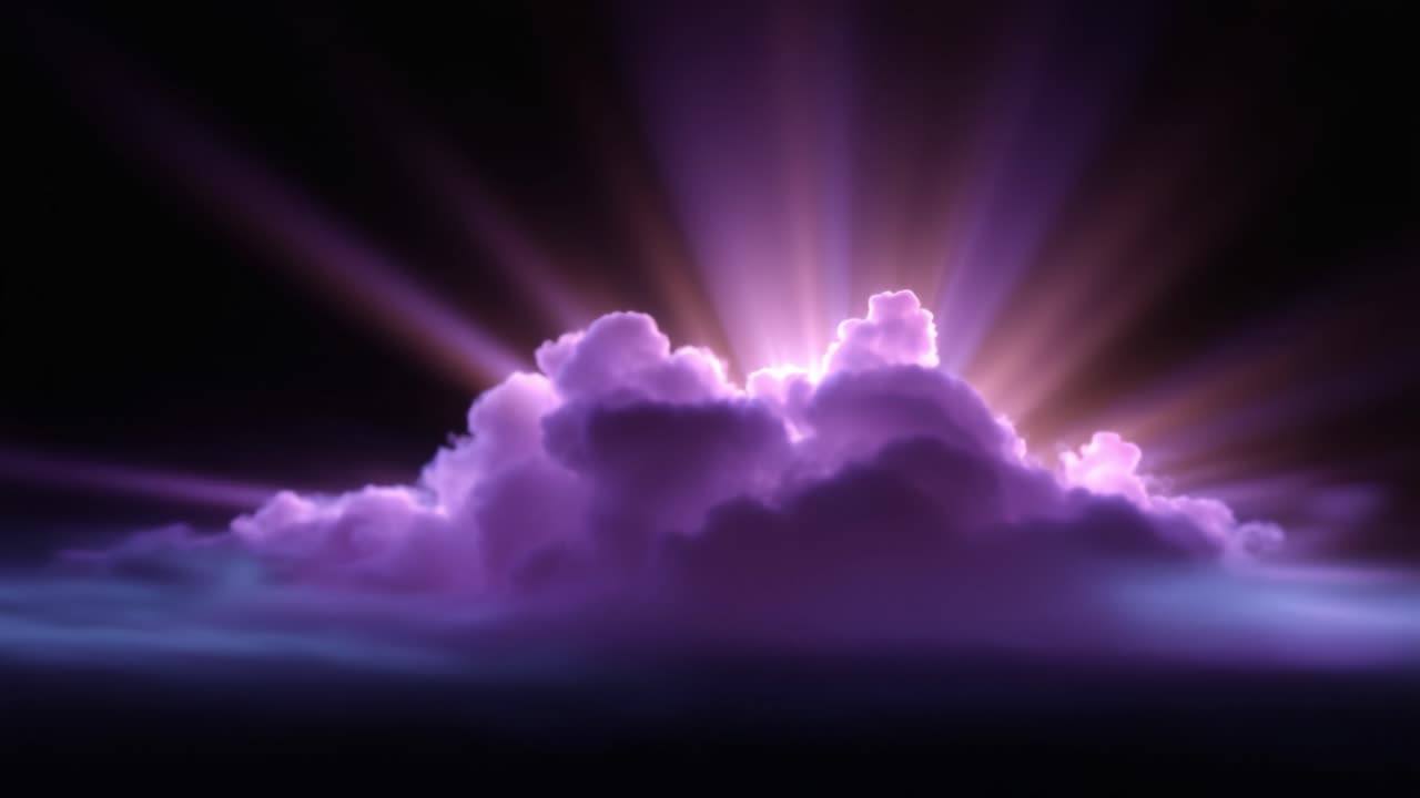 Vibrant purple clouds illuminated by radiant light, creating a mystical and enchanting atmosphere against a dark background in a captivating visual display