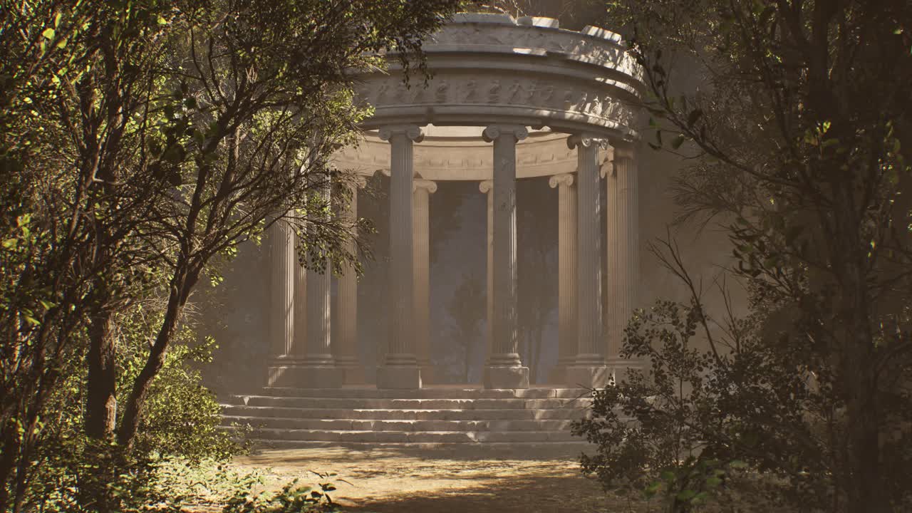 Ancient greek temple ruins in an enchanted forest