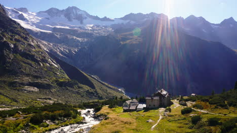 Berliner-Hütte-majestic-and-historic-alpine-hut-in-the-Zillertal-Alps-and-Austria's-only-mountain-refuge,-aerial-view