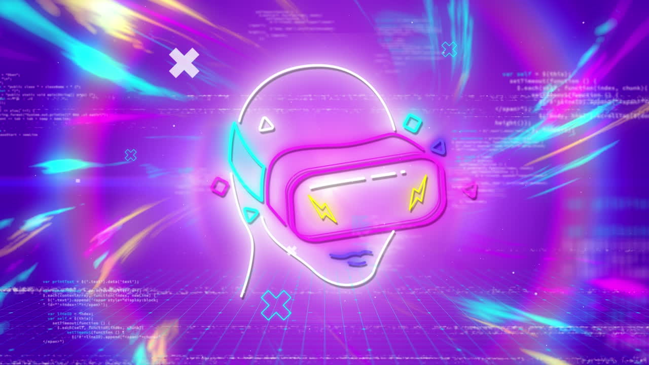 디지털 공간에서 보라색과 파란색 불빛 위에 vr 헤드 ⁇ 으로 머리의 애니메이션
