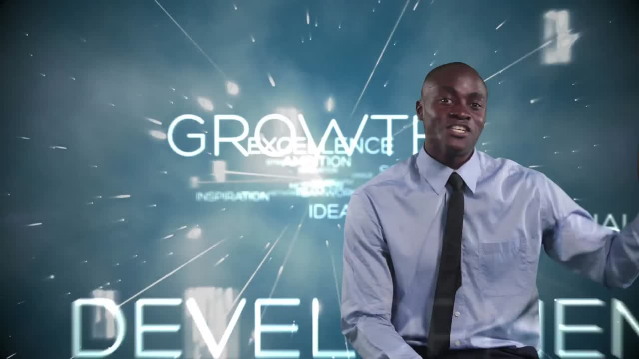 presentador afroamericano hablando con palabras clave de fondo