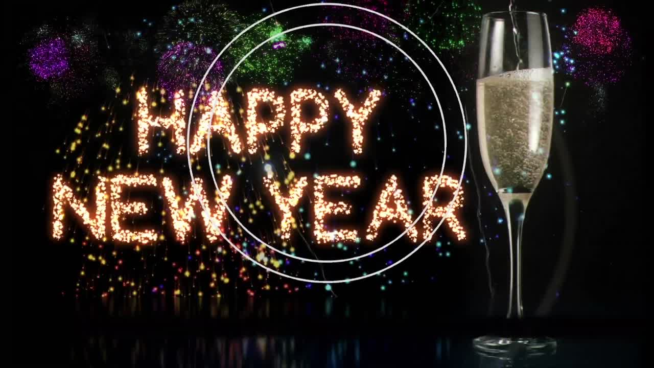animación de texto de feliz año nuevo, globos rojos con fuegos artificiales y champán sobre fondo negro