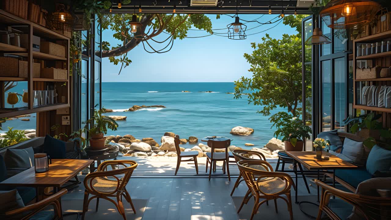 Relaxing Cafe with Panoramic Ocean and Beach View