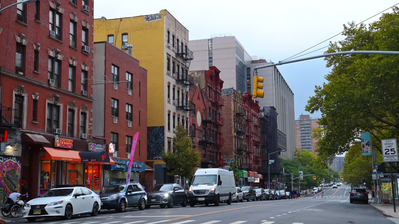 New York, USA, 1 agosto 2025: edifici storici dell'East Village a New York. Fila di colorati edifici storici in mattoni con negozi e appartamenti nell'East Village, Manhattan, New York City