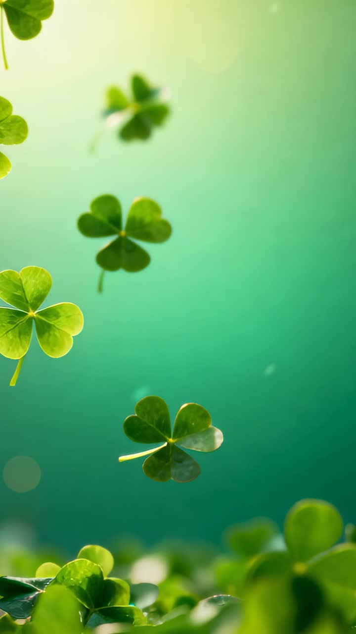 Vertical video: Drifting cluster of four-leaf clovers moving toward clover bed, breeze carrying