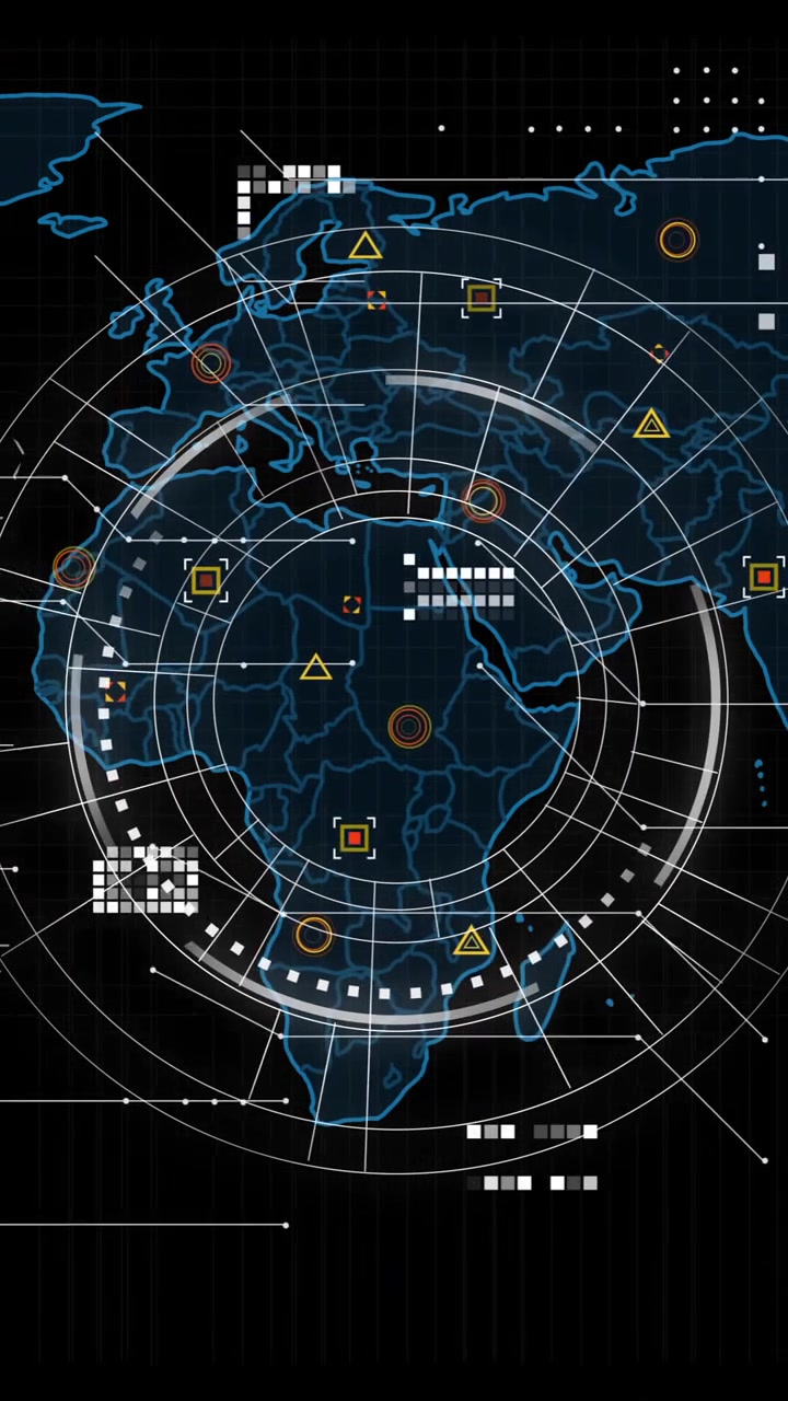 Animation of world map on data processing and scope scanning on black background