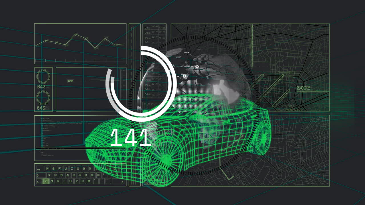 3D-rendered dashboard interface showing green wireframe car rotating on grid, featuring UI panels