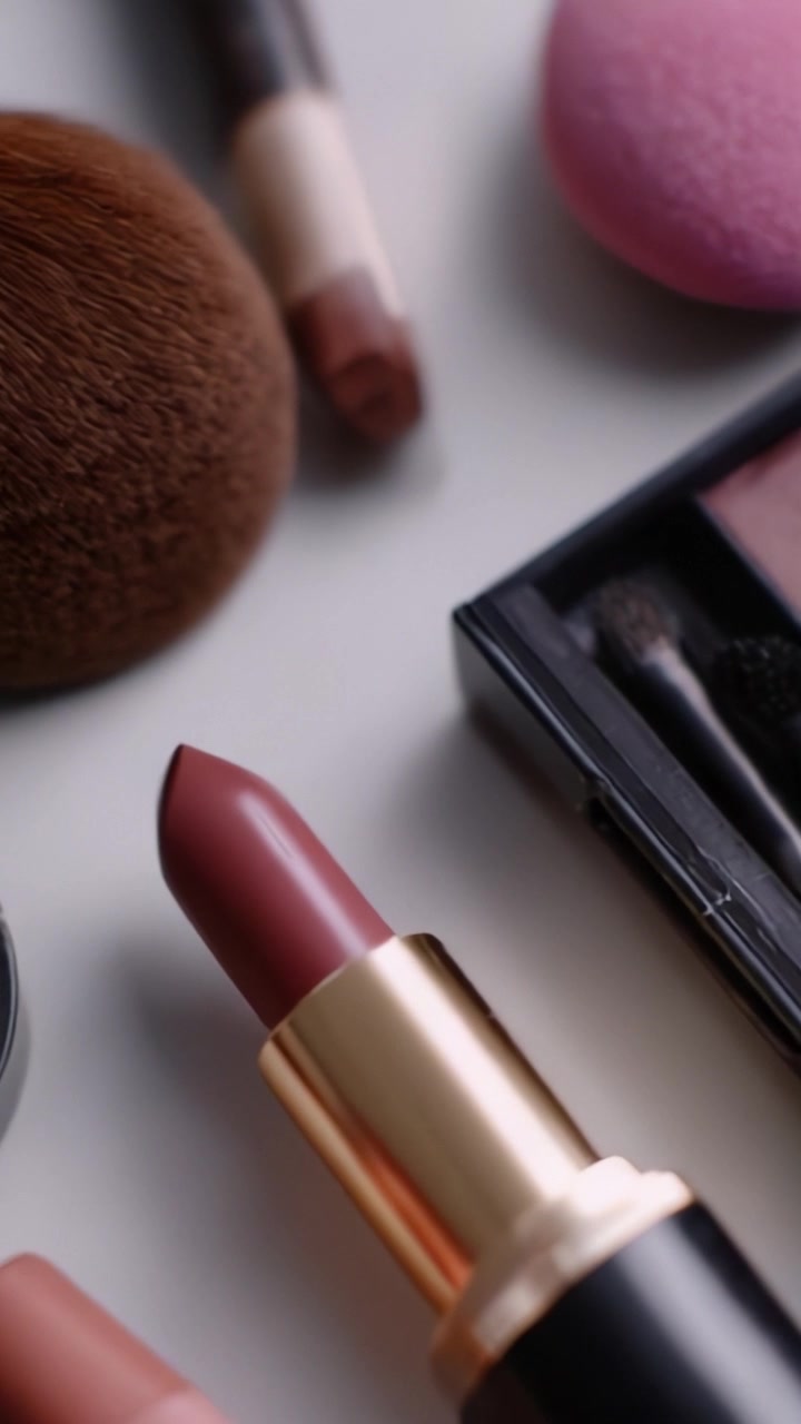 A close-up view of stylish cosmetics showcasing various makeup products including lipstick, eyeshadow, brushes, and a beauty sponge on a clean background.