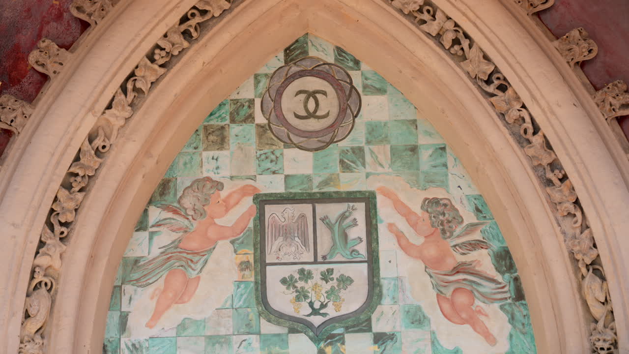 View of the entrance door of the Cremat Castle Winery