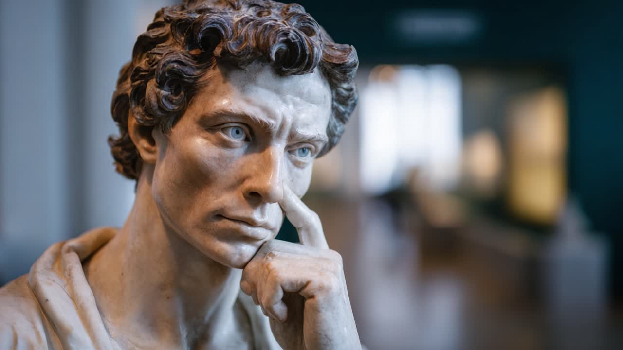 Scultura contemplativa: uno studio ravvicinato di una figura pensosa in un museo d'arte, cogliendo le sfumature dell'espressione e della maestria artistica.