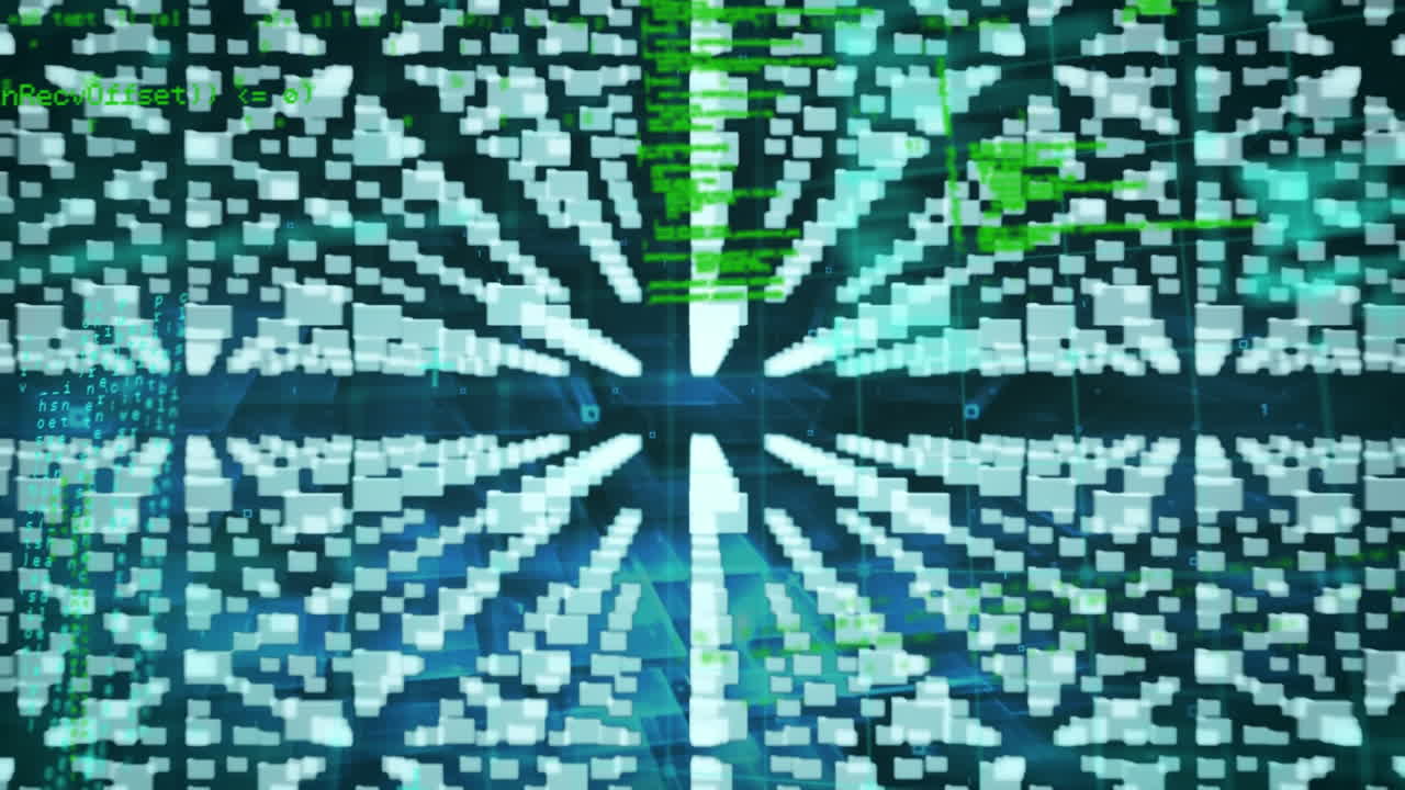 Animation of green shapes and icons over data processing on black background