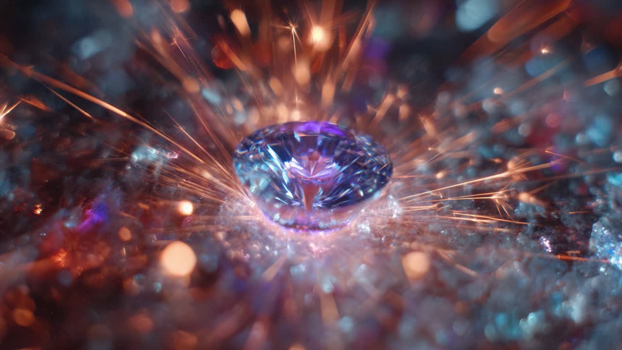 Macro shot of a brilliant diamond resting on a glittering surface with glowing orange sparks flying around it, creating a magical and luxurious atmosphere in a mesmerizing close up view