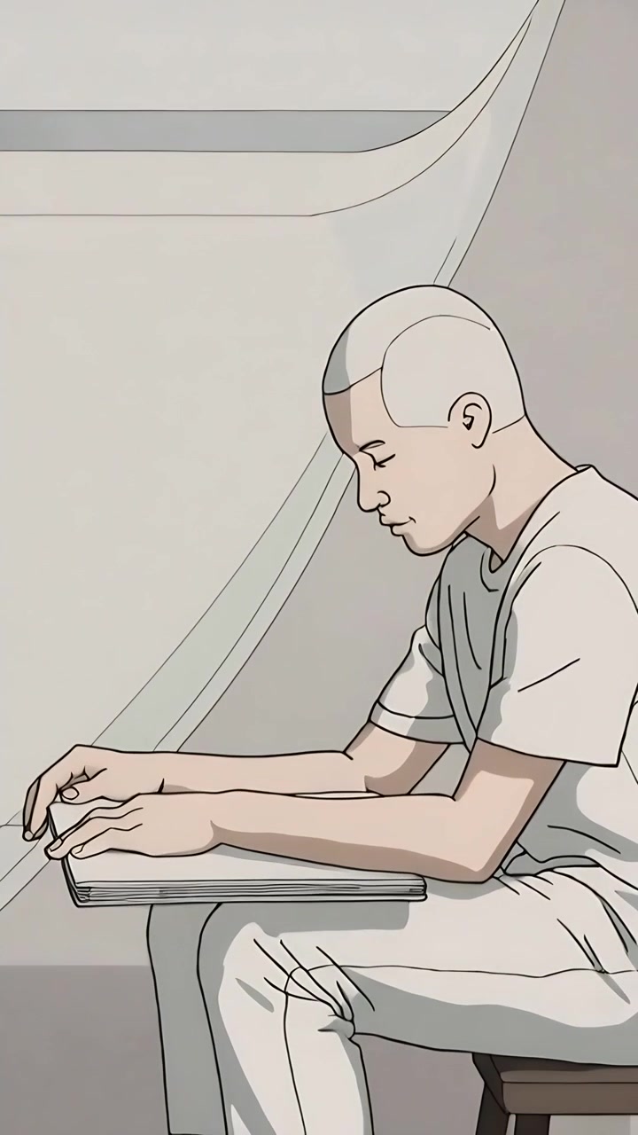 Video verticale: Inquadrature che mostrano un uomo che posiziona un laptop su un vassoio, digitando al sedile vicino al finestrino in maglietta, con spazio per il testo.
