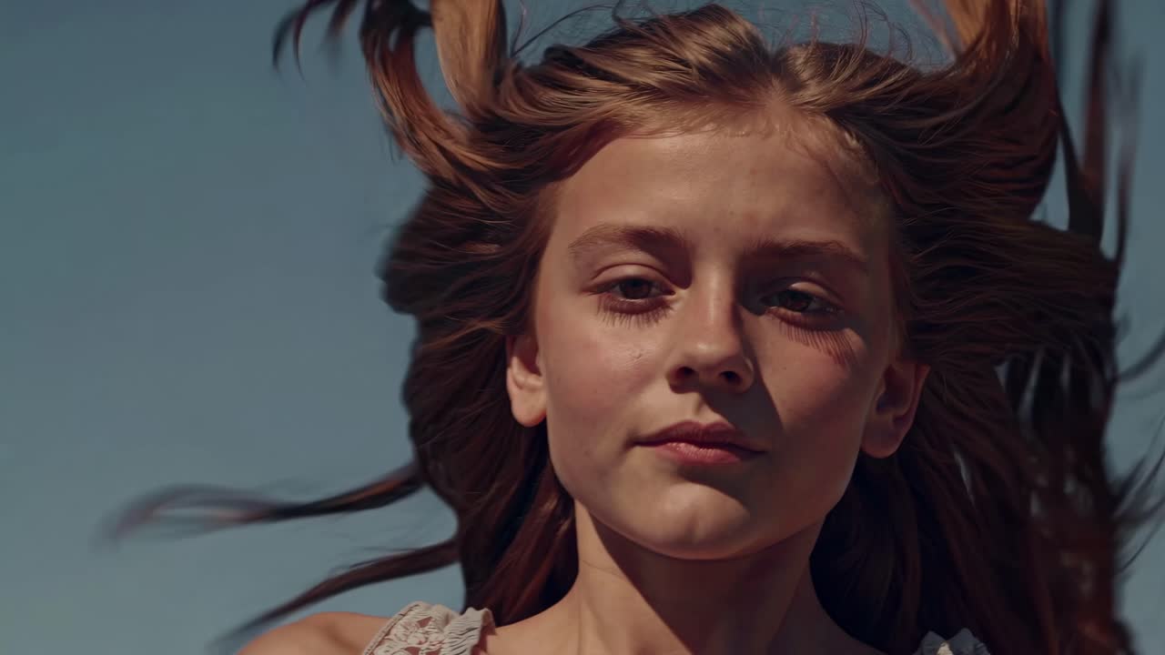 Video da angolazione bassa di una ragazza con i capelli al vento e un cielo terso sullo sfondo, per trasmettere un senso di libertà