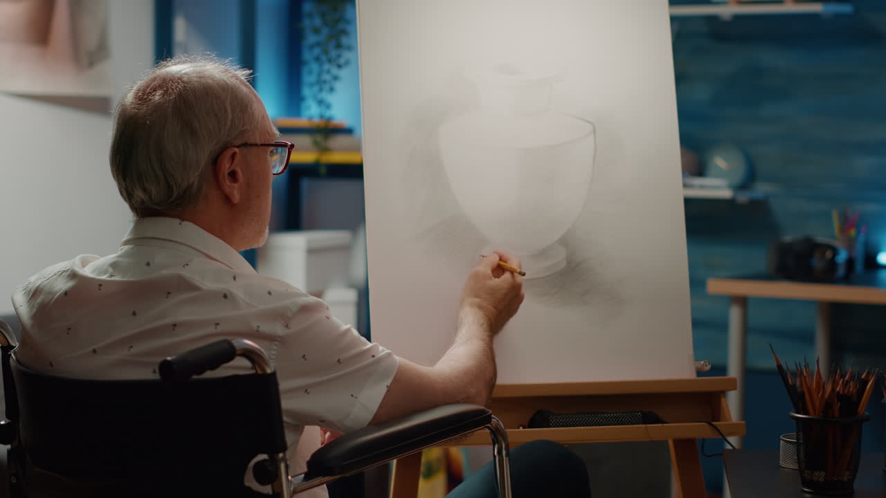 Male wheelchair user drawing vase design sketch on canvas