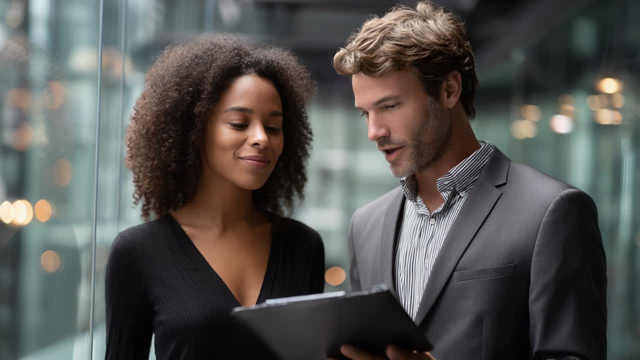 Engaging in a Professional Discussion: A Man and Woman Collaborate on a Tablet Within a Modern Office Environment, Sharing Ideas and Insights as They Look at the Screen Together