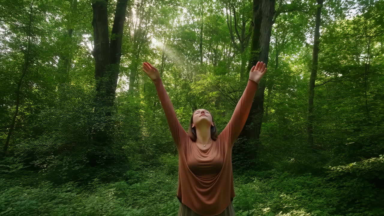 Woman with arms outstretched enjoying sunlight in a serene forest
