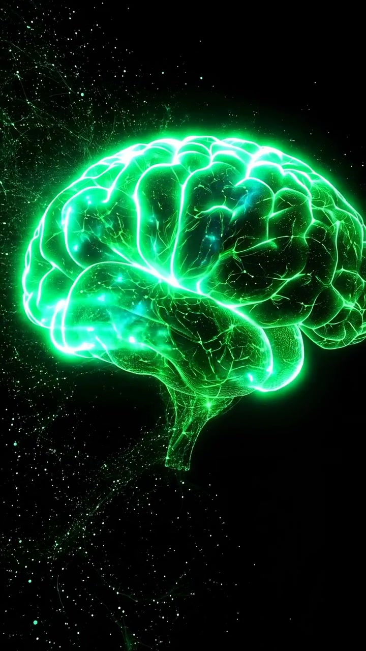 Una luminosa forma di cervello al neon cresce con particelle scintillanti e connessioni curve su uno sfondo nero, mostrando illuminazione verde, contorni stratificati, composizione centrata e un tema di innovazione astratta.