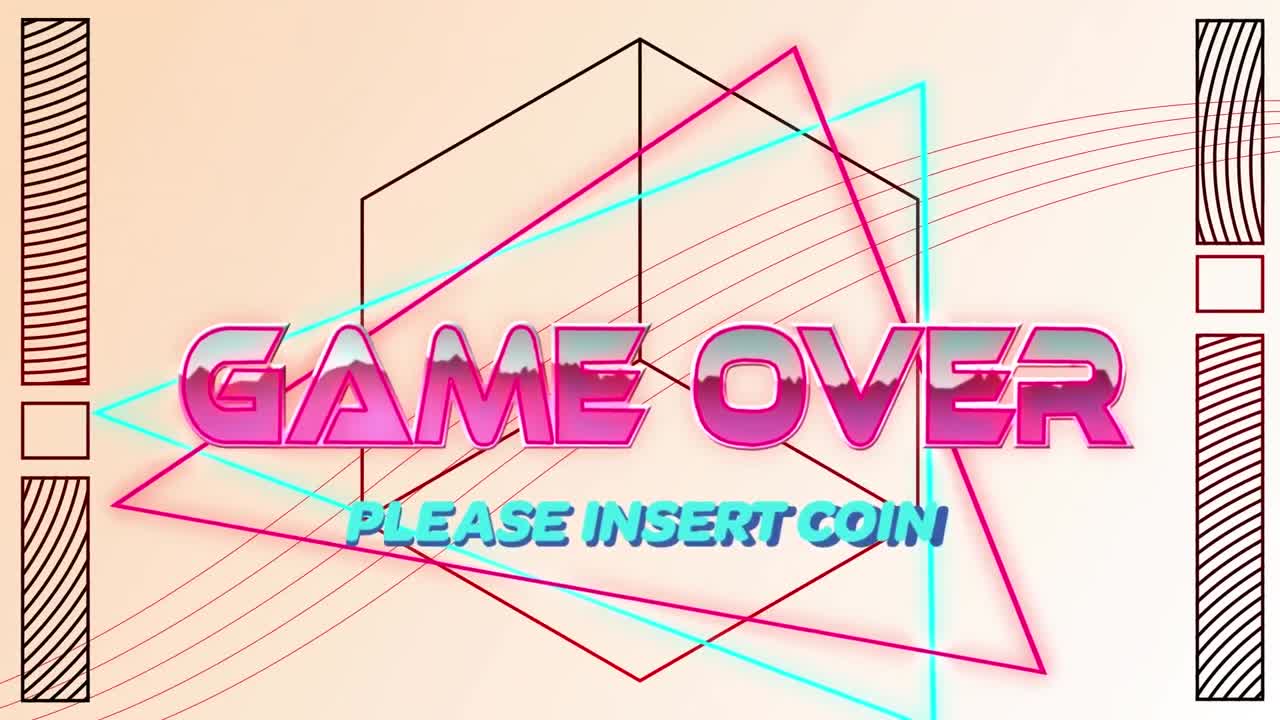 Animazione di Game Over in rosa metallizzato con testo "Please Insert Coin", su linee al neon ed esagono.